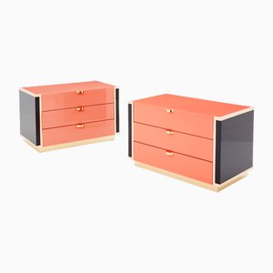 Pink Black Lacquer Brass Nightstands Chests by J.C. Mahey for Roche Bobois, Set of 2