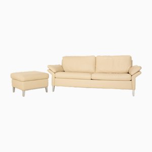 Modell 3330 3-Sitzer Sofa und Hocker aus Cremefarbenem Leder von Rolf Benz, 2er Set