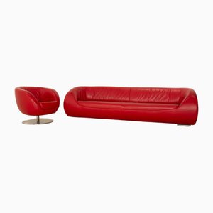 Pearl Sofa and Armchair in Red Leather from Koinor, Set of 2