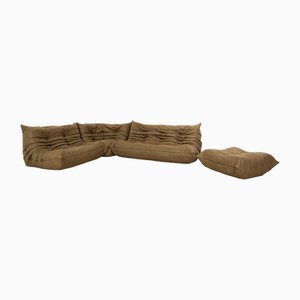Togo Corner Sofa and Pouf in Olive Fabric by Michel Ducaroy for Ligne Roset, Set of 2