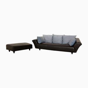 Model 333 3-Seater Sofa and Pouf in Black Leather from Rolf Benz, Set of 2