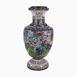 Grand Vase en Bronze avec Emaux Cloisonnés et Colorés