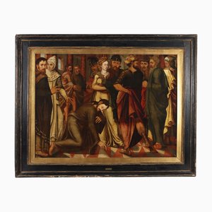 Artista fiammingo, Cristo e l'adultera, XVI secolo, olio su tavola, con cornice