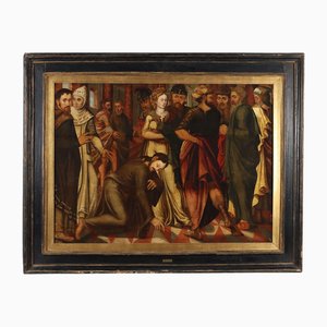 Artiste Flamand, Le Christ et la Femme adultère, années 1500, huile sur panneau, encadrée