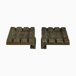 Maniglie brutaliste per porta quadrate in bronzo con rilievi geometrici, anni '70, set di 2