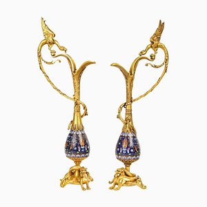 Napoleon III Neo-Gothic Style Ewers in Chased and Gilt Bronze, Set of 2