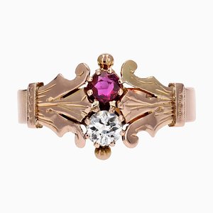 French 18 Karat Rose Gold You and Me Ring with Ruby and Diamond, 19th Century