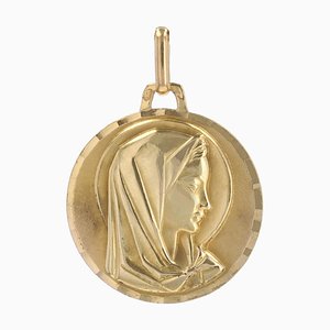 Antiker französischer Anhänger aus 18 Karat Gelbgold mit Jungfrau Maria Haloed Medaille