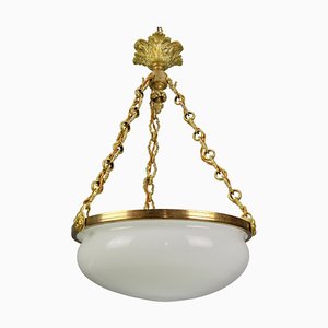 French White Glass, Brass and Bronze Pendant Chandelier, 1920s