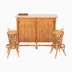 Dry Bar with Two Stools in Rattan, Bamboo and Wicker attributed to Tito Agnoli, Italy, 1950s, Set of 2