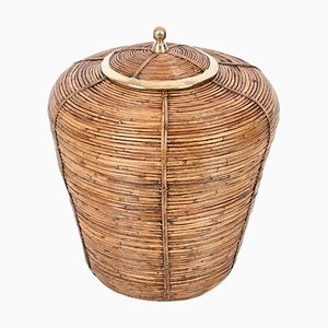 Large French Riviera Basket in Rattan & Brass, Italy, 1970s
