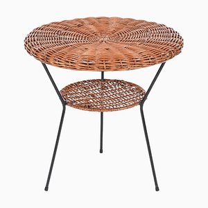 Round Woven Rattan, Wicker and Iron Two-Tier Coffee Table by Mathieu Matégot, France, 1960s
