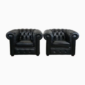 Large English Black Cowhide Chesterfield Armchairs, Set of 2