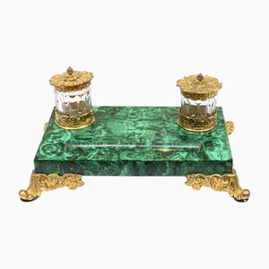 Antique French Malachite Inkwell Desk, Set of 3