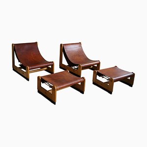 Italian Modern Lounge Chairs and Ottomans in Leather and Elm by Francesco Lucianetti, 1960s, Set of 4