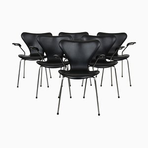 Series Seven Armchairs in Black Leather by Arne Jacobsen, 1990s