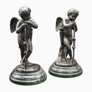 French Art Deco Bronze and Marble Putti Figures, 1930s, Set of 2