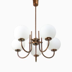 Vintage Italian Brass and Opaline Chandelier in Copper Color, 1970s