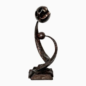 Sculpture Vintage en Bois et Bronze, 1970s