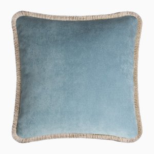 Cuscino Happy azzurro con frange bianco sporco di Lorenza Briola per Lo Decor