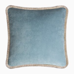 Happy Cushion in Light Blue with Off-White Fringes by Lorenza Briola for Lo Decor