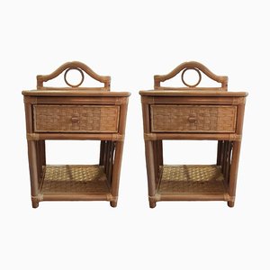 Vintage Wicker and Bamboo Nightstands with Drawers and Shelves, Set of 2