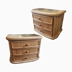 Vintage Wicker and Bamboo 3-Drawer Nightstands, Set of 2