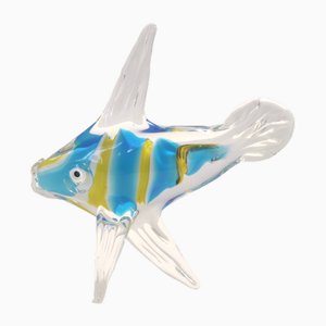 Figurine Vintage Poisson en Verre de Murano Soufflé Bleu Clair et Jaune, Italie, 1950s