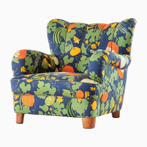 Vintage Wingback Chair with New Print by Eva Jobs // Jobs Handtryck, 1940s