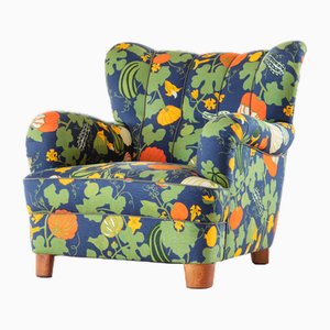 Wingback Chair with New Print by Eva Jobs for Jobs Handtryck, 1940s