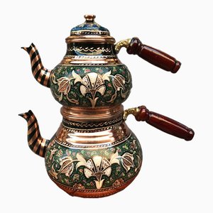 Handmade Green and Blue Floral Teapot Set with Wooden Handles