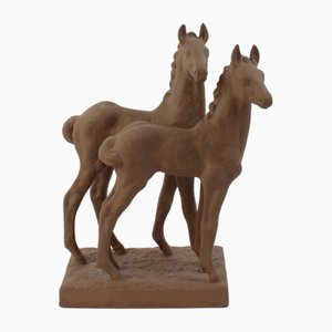 Figura in ceramica con 2 cavalli di Else Bach per Karlsruhe Majolica, anni '50