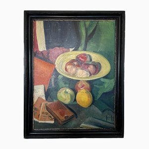 Bodegón ingenuo con frutas y libros, 1922, pintura al óleo, enmarcado