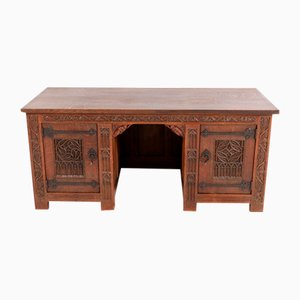 Gothic Revival Hand-Carved Oak Pedestal Desk, 1900s