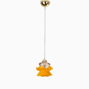 Vintage Flower Suspension Lamp in Orange-Yellow Murano Glass and Gold Details, Italy, 1980s