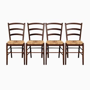 Rustic Wooden Chairs with Straw Seat, 1980s, Set of 4