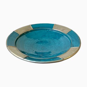 Vintage Moroccan Centerpiece Bowl in Blue Glaze and Pewter