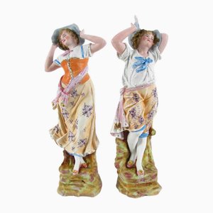 Italian Biscuit Porcelain Girls with Hats, 20th Century, Set of 2