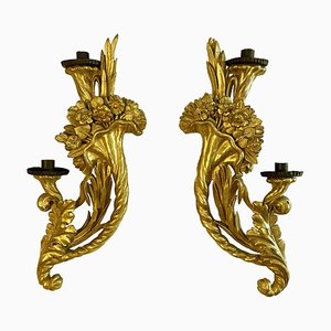 Lampade da parete in legno dorato e cornucopia intagliata, inizio XVIII secolo, set di 2