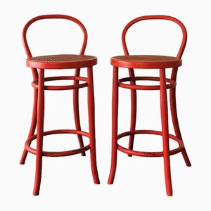 Vintage Red Bar Stools in Bentwood, Viennese Wicker, 1960s, Set of 2
