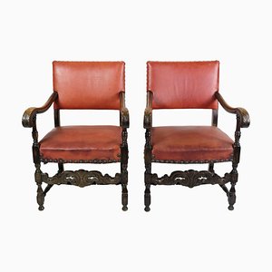 Armchairs in Oak & with Red Leather, 1930s, Set of 2