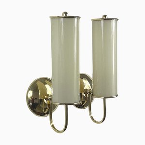 Art Deco Tubular Opaline Glass & Brass Sconces, Germany, 1930s, Set of 2