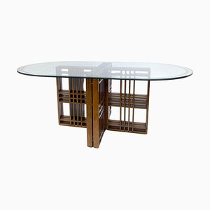 Mesa de comedor italiana Mid-Century moderna de madera y vidrio, años 60