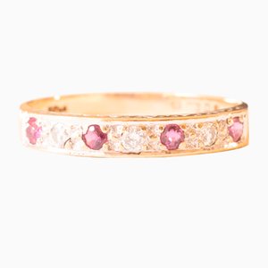 Vintage 9 Karat Yellow and White Gold Band with Synthetic Rubies and Diamonds