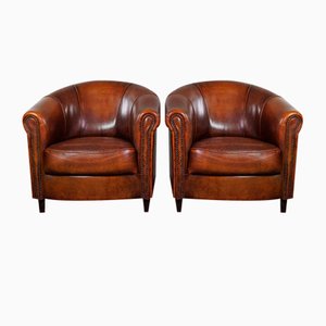 Fauteuils Club en Cuir de Mouton, Set de 2