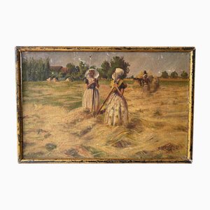 Geffroy, Women at the Harvest, Early 20th Century, Oil on Canvas, Framed