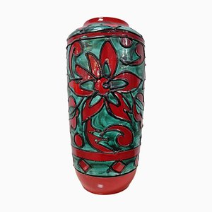 Vaso da terra in ceramica, Germania Ovest, rosso e verde, attribuito a Scheurich, Germania, anni '60