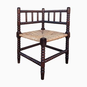 Antique French Provincial Carved Oak Bobbin Rush Corner Chair, France, 1910s