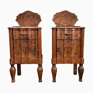 Small Art Deco Nightstands in Walnut Burl and Marble, Italy, 1920s, Set of 2