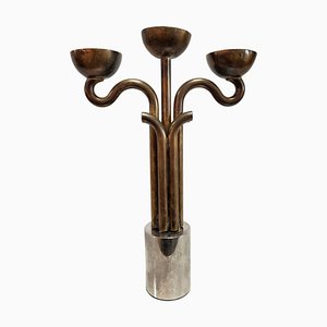 Brutalist Candleholder in Brass and Nickel, Italy, 1970s